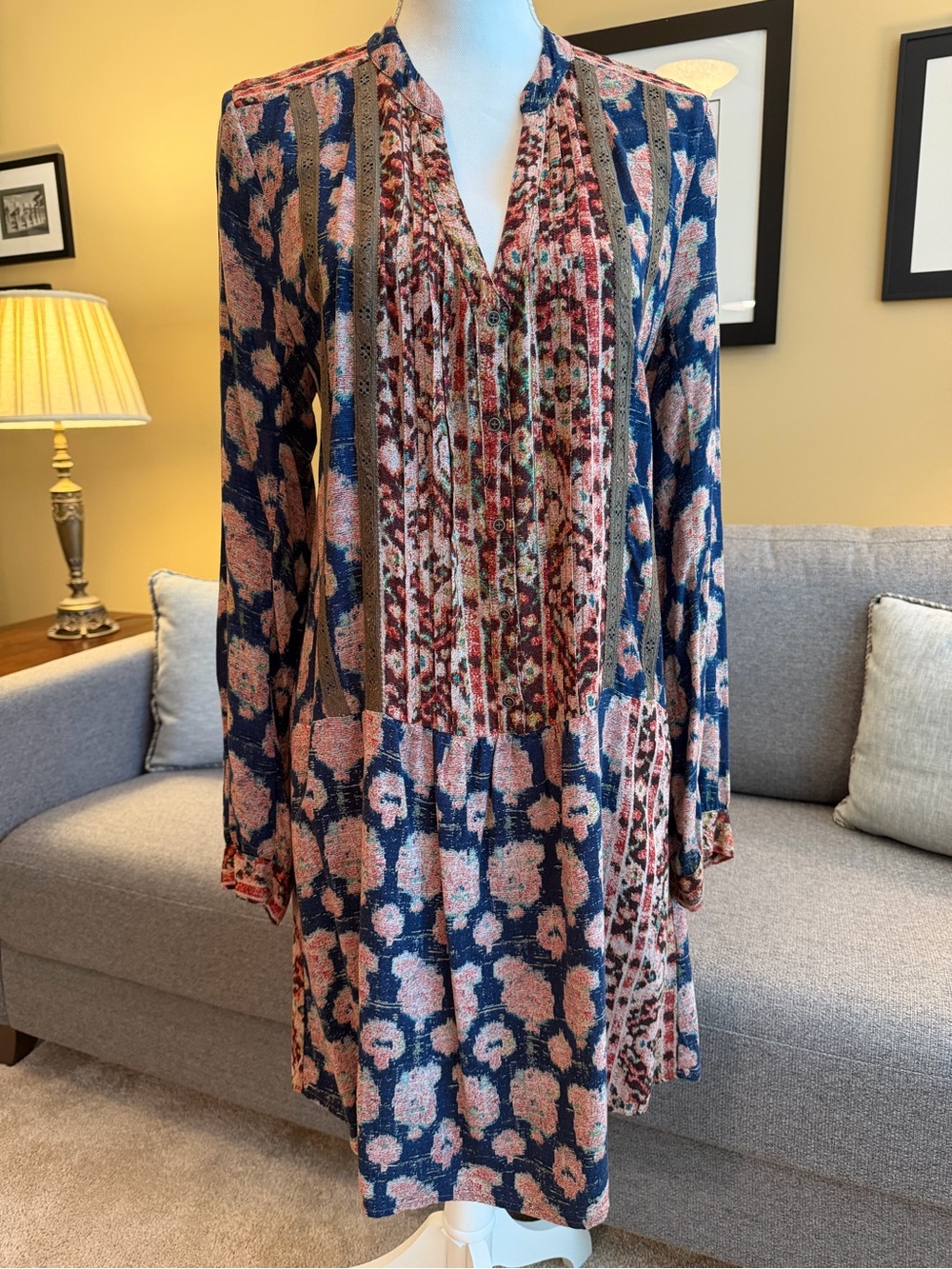 TINY Floral Mixed-Print Long Sleeve Shift Dress in Navy and Pink